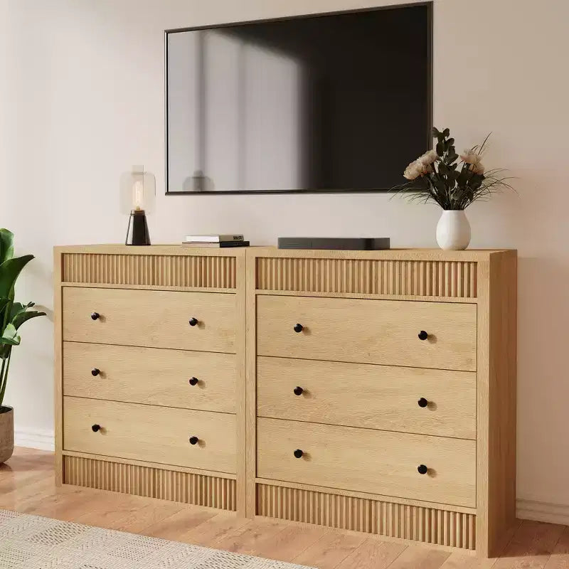 COZONY Commode 3/5 tiroirs, grand meuble de rangement en bois cannelé avec tiroirs à glissement doux, table de chevet moderne en bois