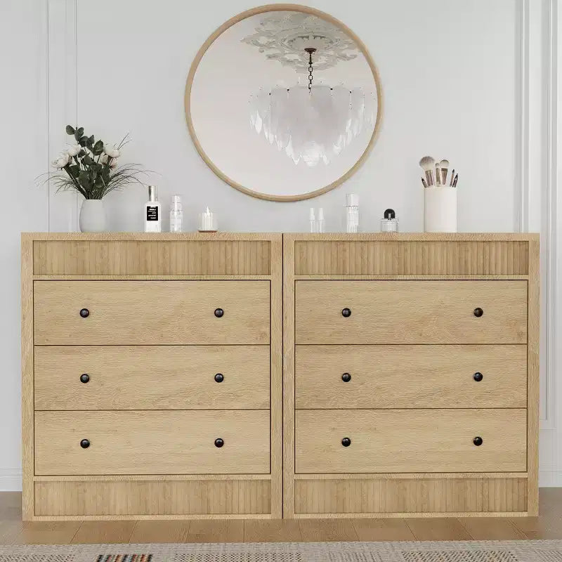 COZONY Commode 3/5 tiroirs, grand meuble de rangement en bois cannelé avec tiroirs à glissement doux, table de chevet moderne en bois