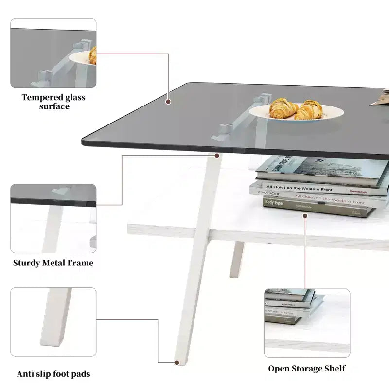 Table basse rectangulaireTable basse en verre avec plateau en verre trempé, pieds en métal, table transparente moderne pour salon, appartement ou maison