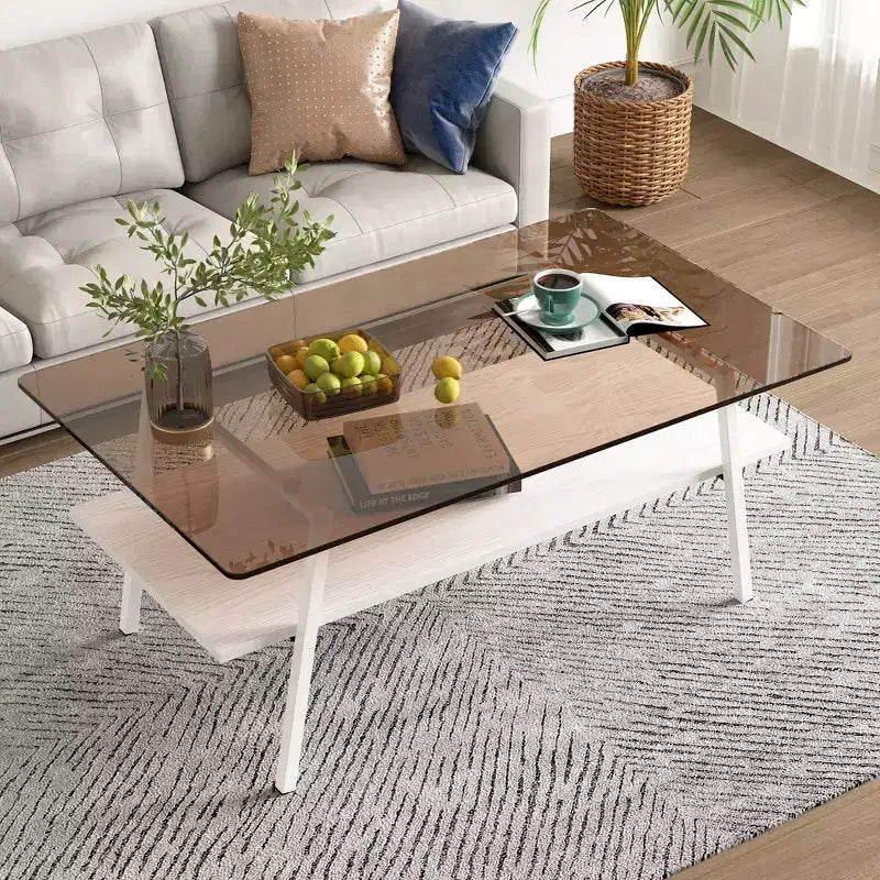 Table basse rectangulaireTable basse en verre avec plateau en verre trempé, pieds en métal, table transparente moderne pour salon, appartement ou maison