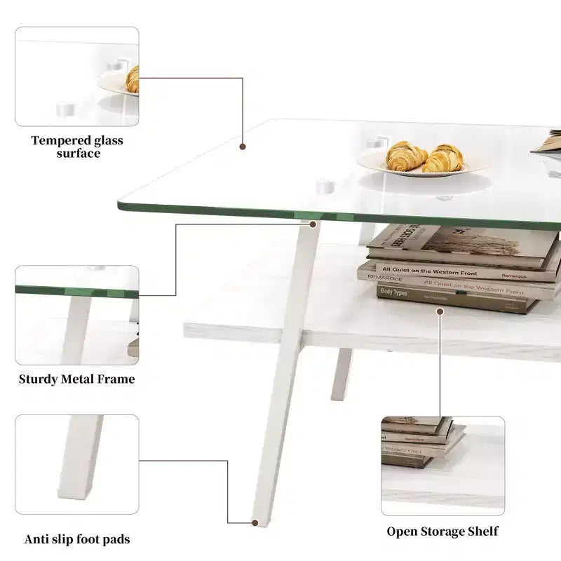 Table basse rectangulaireTable basse en verre avec plateau en verre trempé, pieds en métal, table transparente moderne pour salon, appartement ou maison