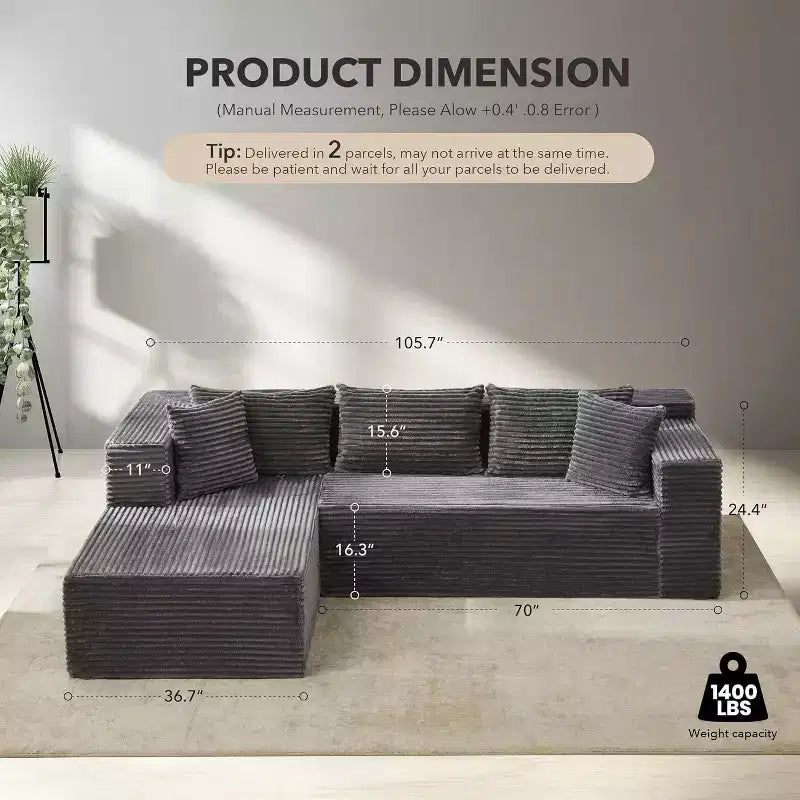 Canapé sectionnel en L de 269 cm, canapé modulaire moderne avec méridienne, meuble rembourré à assise profonde pour salon