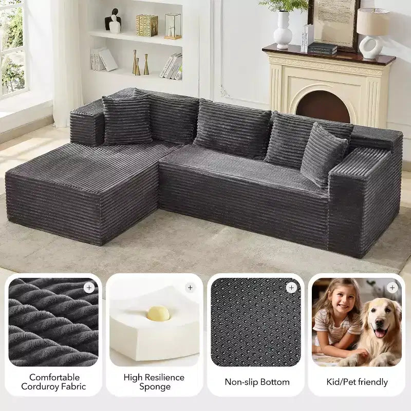 Canapé sectionnel en L de 269 cm, canapé modulaire moderne avec méridienne, meuble rembourré à assise profonde pour salon