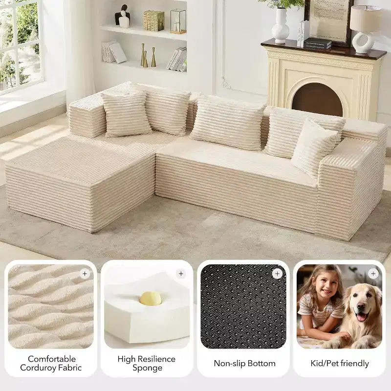 Canapé sectionnel en L de 269 cm, canapé modulaire moderne avec méridienne, meuble rembourré à assise profonde pour salon