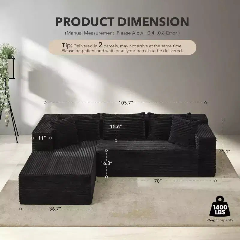 Canapé sectionnel en L de 269 cm, canapé modulaire moderne avec méridienne, meuble rembourré à assise profonde pour salon