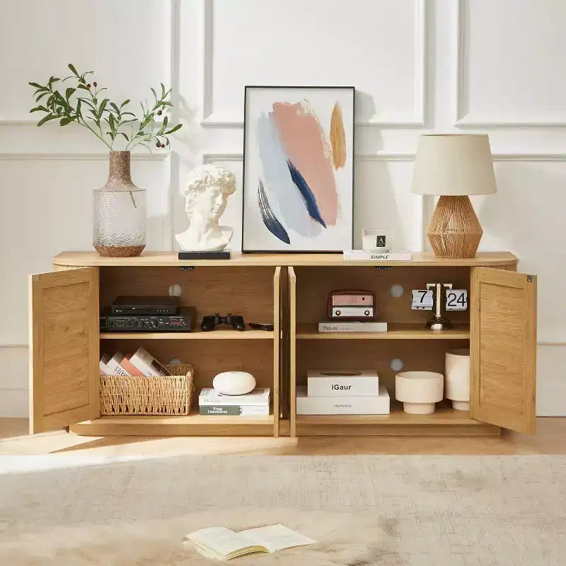 Meuble TV Japandi 64 po en rotin, console média avec coins arrondis cannelés et 4 portes en cannage - Panipeachy
