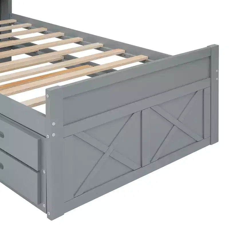 Lit double en bois Whisen, cadre de lit extensible avec lit gigogne double, tête de lit de rangement, trois tiroirs