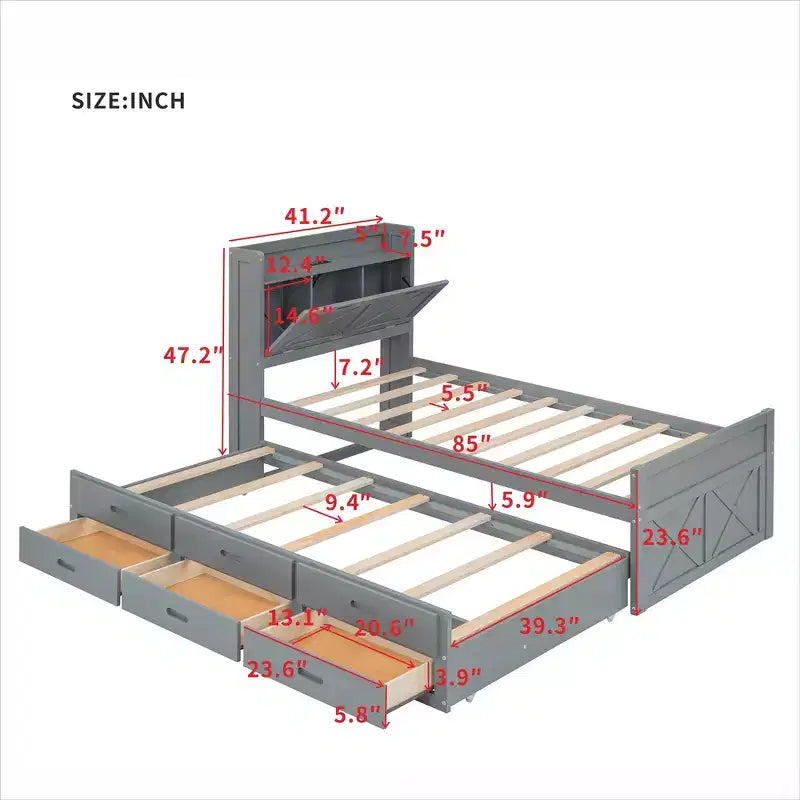 Lit double en bois Whisen, cadre de lit extensible avec lit gigogne double, tête de lit de rangement, trois tiroirs
