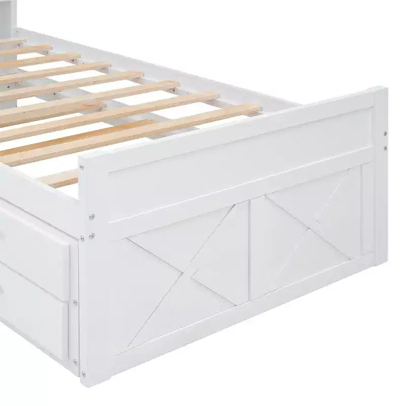 Lit double en bois Whisen, cadre de lit extensible avec lit gigogne double, tête de lit de rangement, trois tiroirs