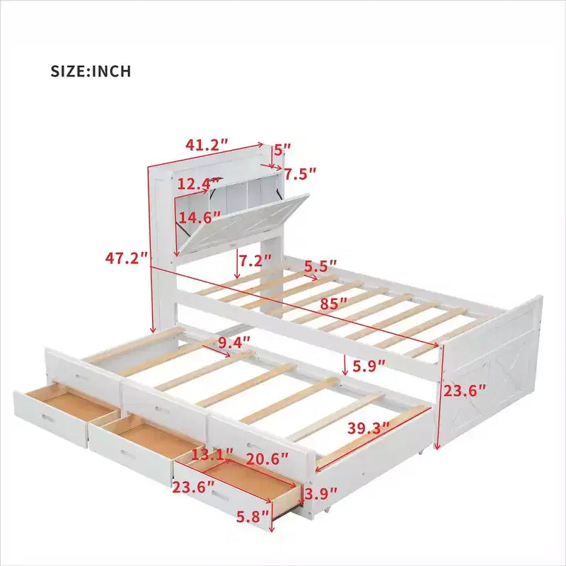 Lit double en bois Whisen, cadre de lit extensible avec lit gigogne double, tête de lit de rangement, trois tiroirs