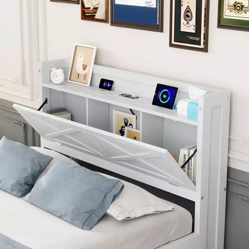 Lit double en bois Whisen, cadre de lit extensible avec lit gigogne double, tête de lit de rangement, trois tiroirs