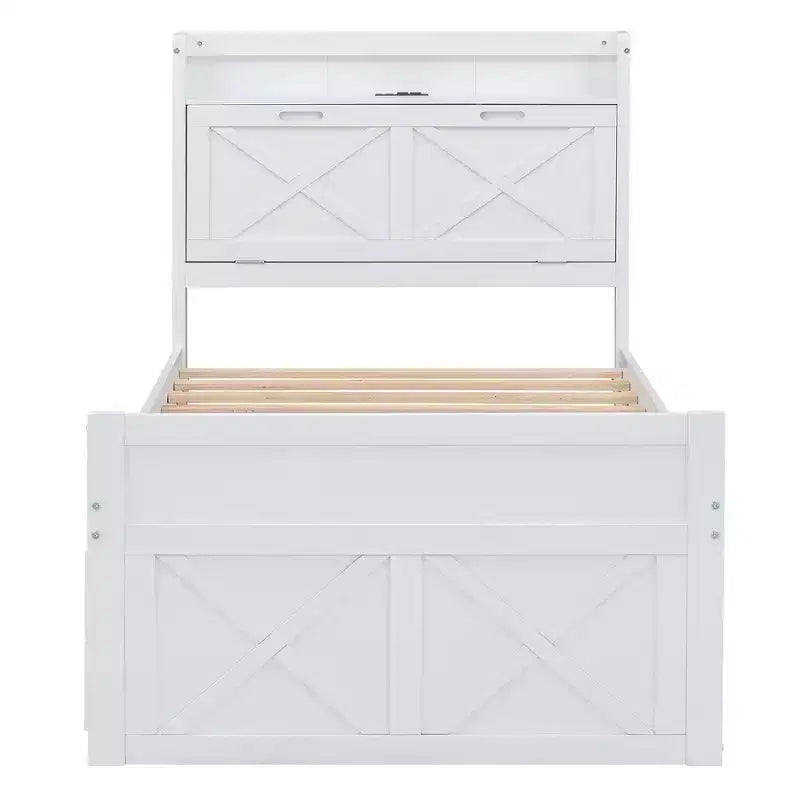 Lit double en bois Whisen, cadre de lit extensible avec lit gigogne double, tête de lit de rangement, trois tiroirs