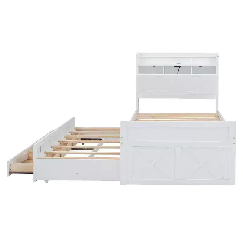 Lit double en bois Whisen, cadre de lit extensible avec lit gigogne double, tête de lit de rangement, trois tiroirs