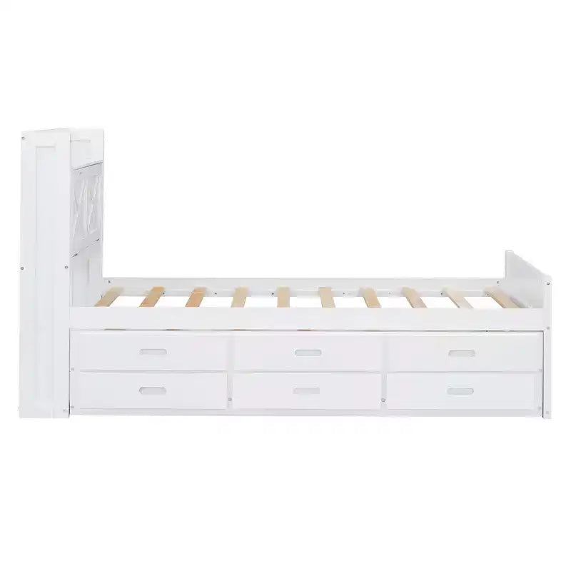 Lit double en bois Whisen, cadre de lit extensible avec lit gigogne double, tête de lit de rangement, trois tiroirs