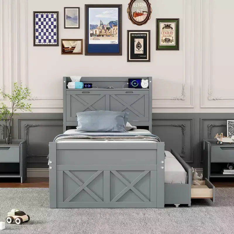 Lit double en bois Whisen, cadre de lit extensible avec lit gigogne double, tête de lit de rangement, trois tiroirs