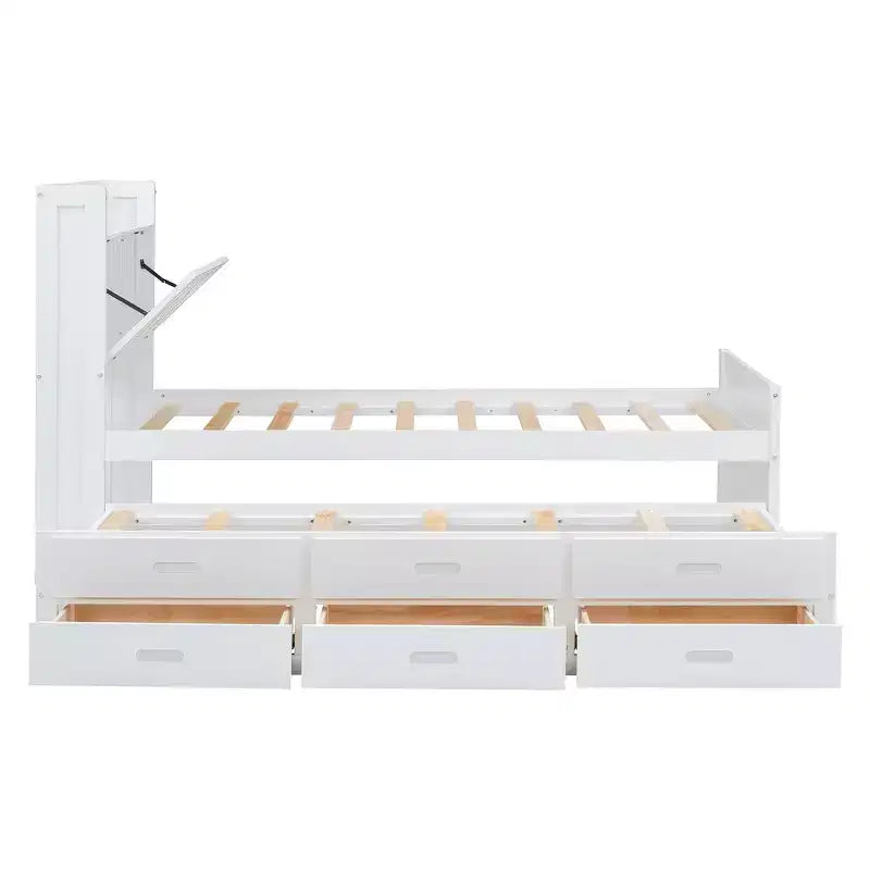 Lit double en bois Whisen, cadre de lit extensible avec lit gigogne double, tête de lit de rangement, trois tiroirs