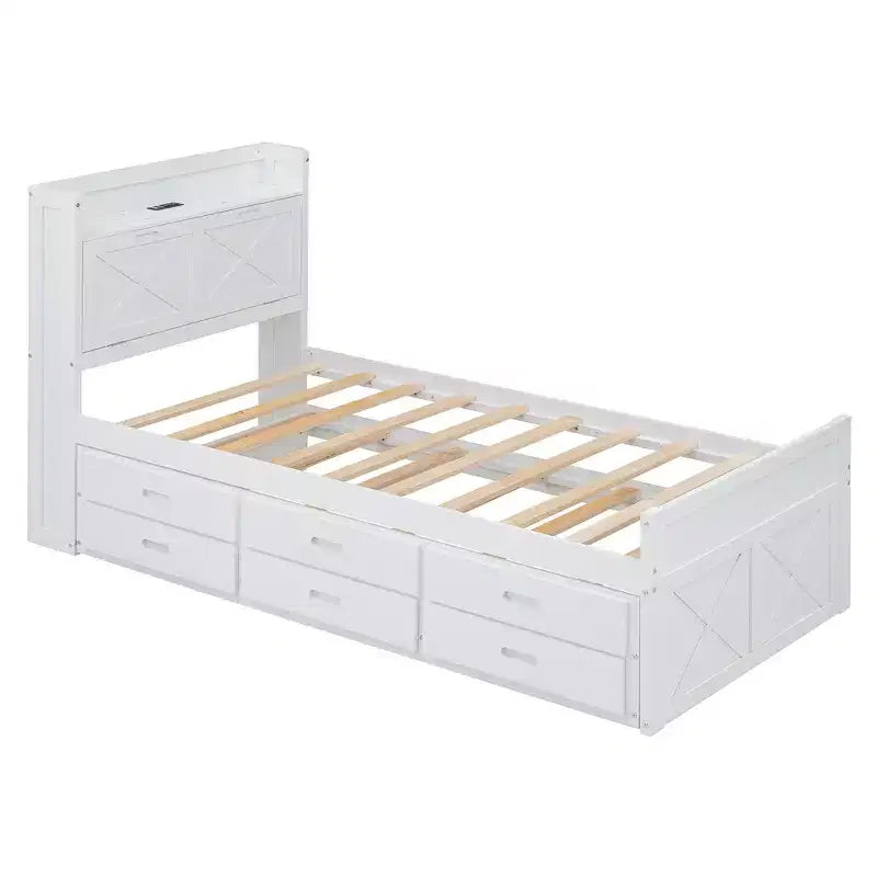 Lit double en bois Whisen, cadre de lit extensible avec lit gigogne double, tête de lit de rangement, trois tiroirs