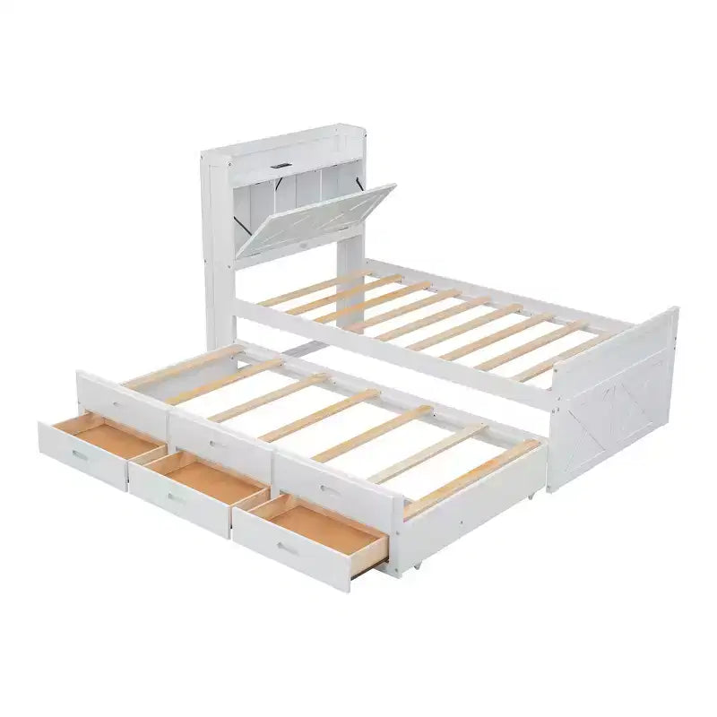 Lit double en bois Whisen, cadre de lit extensible avec lit gigogne double, tête de lit de rangement, trois tiroirs
