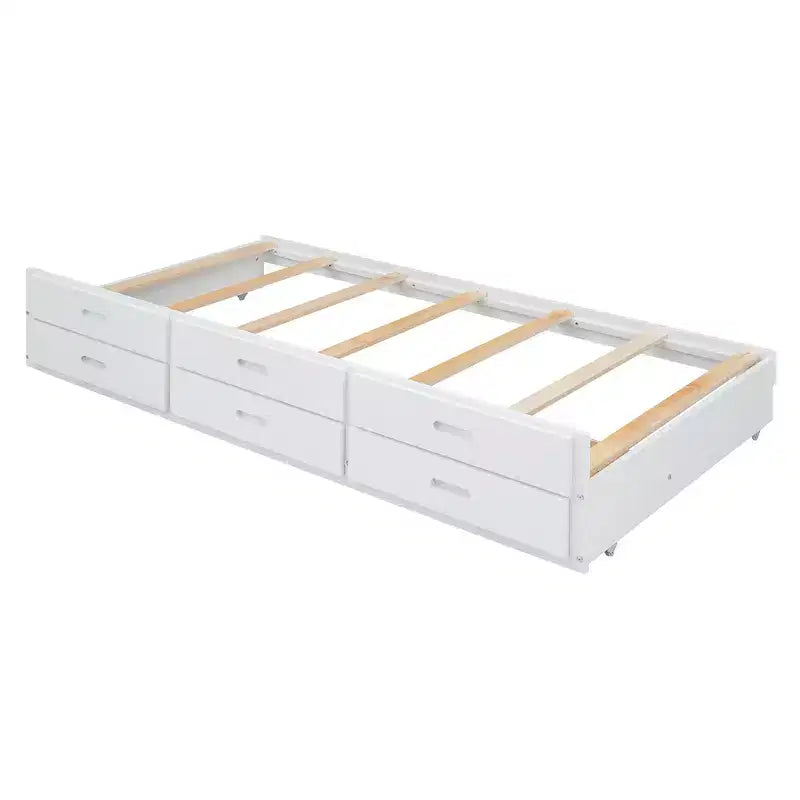 Lit double en bois Whisen, cadre de lit extensible avec lit gigogne double, tête de lit de rangement, trois tiroirs
