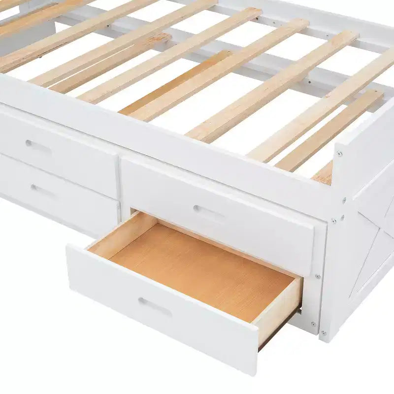 Lit double en bois Whisen, cadre de lit extensible avec lit gigogne double, tête de lit de rangement, trois tiroirs