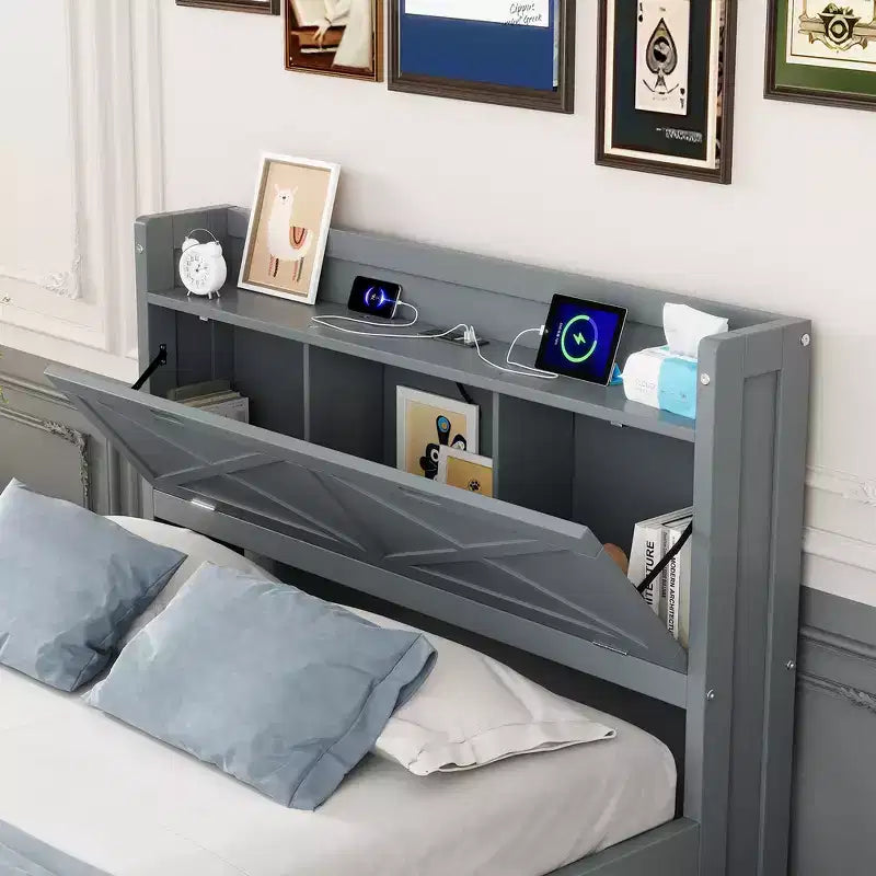 Lit double en bois Whisen, cadre de lit extensible avec lit gigogne double, tête de lit de rangement, trois tiroirs