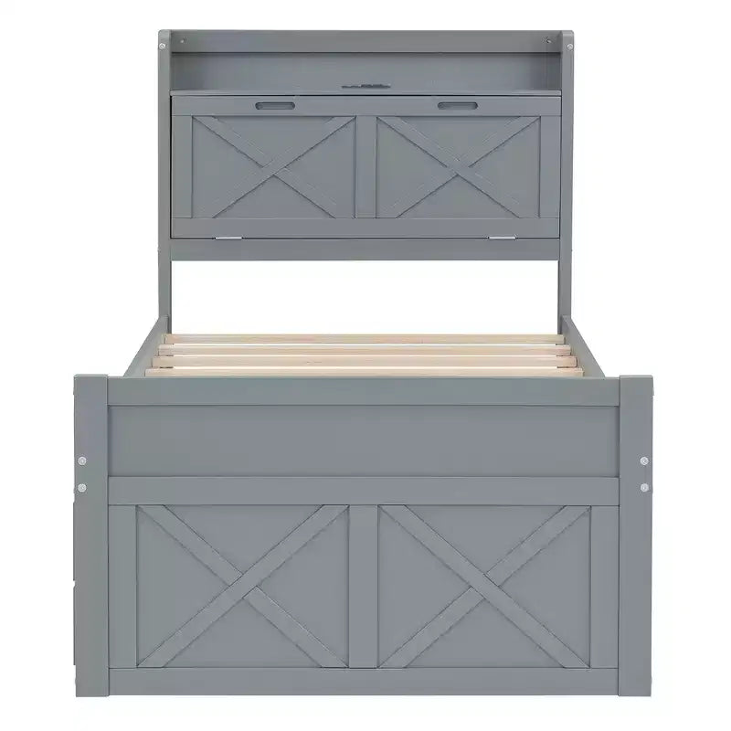 Lit double en bois Whisen, cadre de lit extensible avec lit gigogne double, tête de lit de rangement, trois tiroirs