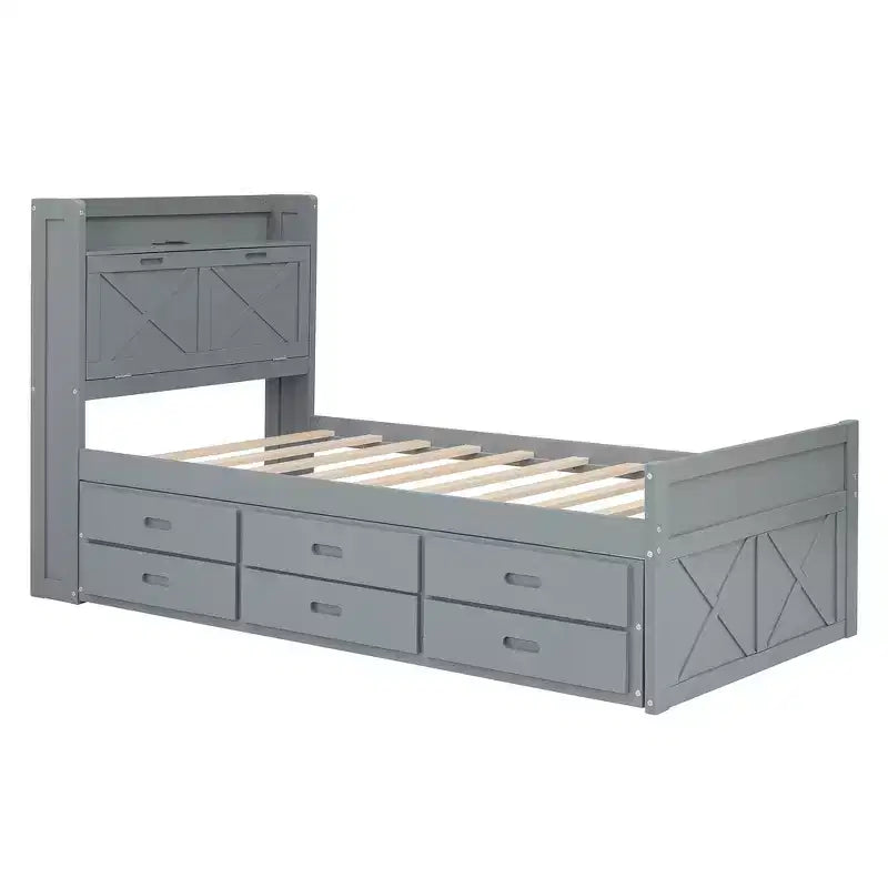 Lit double en bois Whisen, cadre de lit extensible avec lit gigogne double, tête de lit de rangement, trois tiroirs