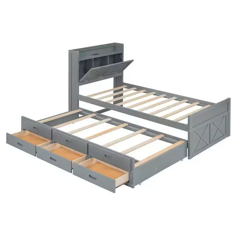 Lit double en bois Whisen, cadre de lit extensible avec lit gigogne double, tête de lit de rangement, trois tiroirs