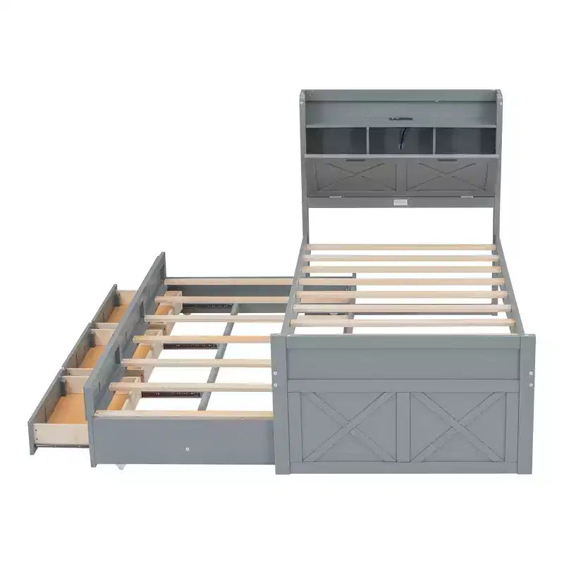 Lit double en bois Whisen, cadre de lit extensible avec lit gigogne double, tête de lit de rangement, trois tiroirs