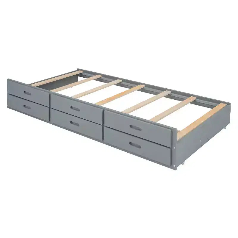 Lit double en bois Whisen, cadre de lit extensible avec lit gigogne double, tête de lit de rangement, trois tiroirs