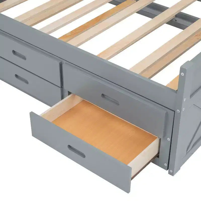 Lit double en bois Whisen, cadre de lit extensible avec lit gigogne double, tête de lit de rangement, trois tiroirs