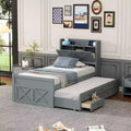 Lit double en bois Whisen, cadre de lit extensible avec lit gigogne double, tête de lit de rangement, trois tiroirs