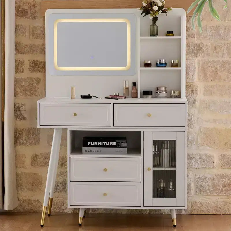 GDFStudio Ramon Coiffeuse 4 tiroirs avec tabouret, miroir dimmable, prise électrique et armoire latérale réglable