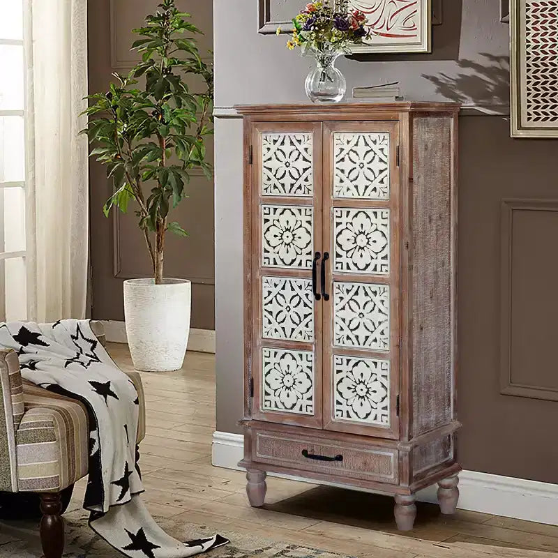 Buffet Haut de Cuisine Ferme Vintage 55, Grand Meuble de Rangement en Bois Composite avec Motif Floral et Tiroir - Panipeachy