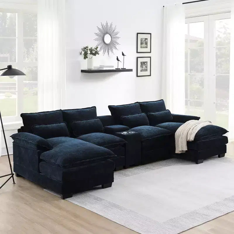GDFStudio Parker - Canapé d'angle moderne en chenille en U avec console et double méridienne