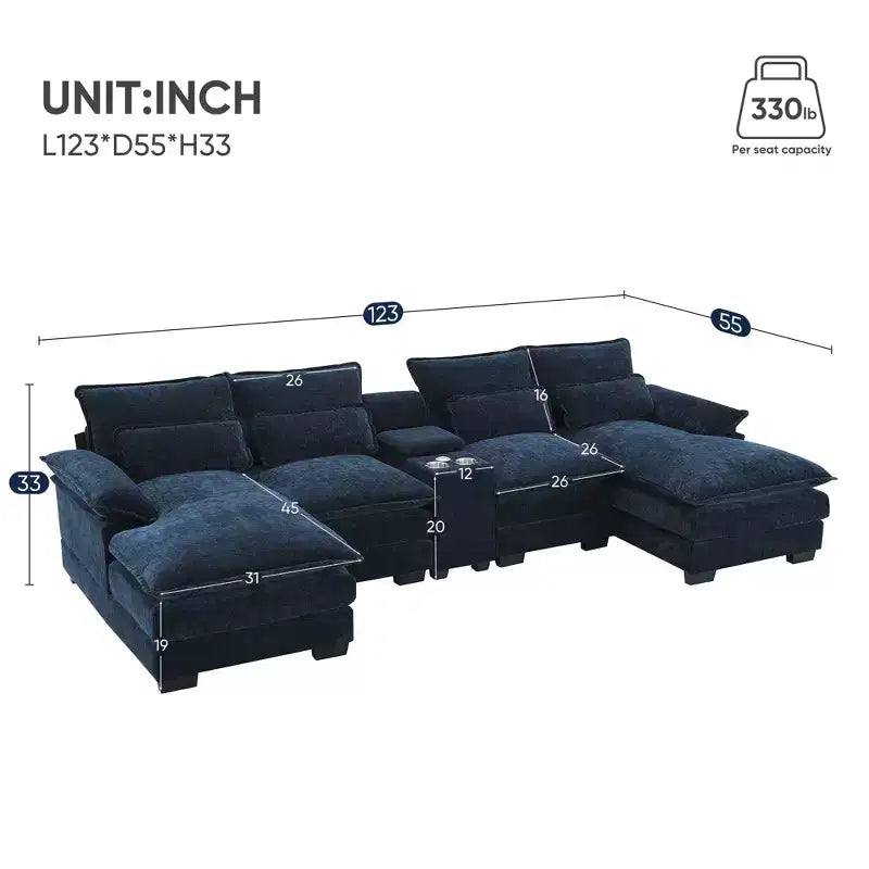 GDFStudio Parker - Canapé d'angle moderne en chenille en U avec console et double méridienne