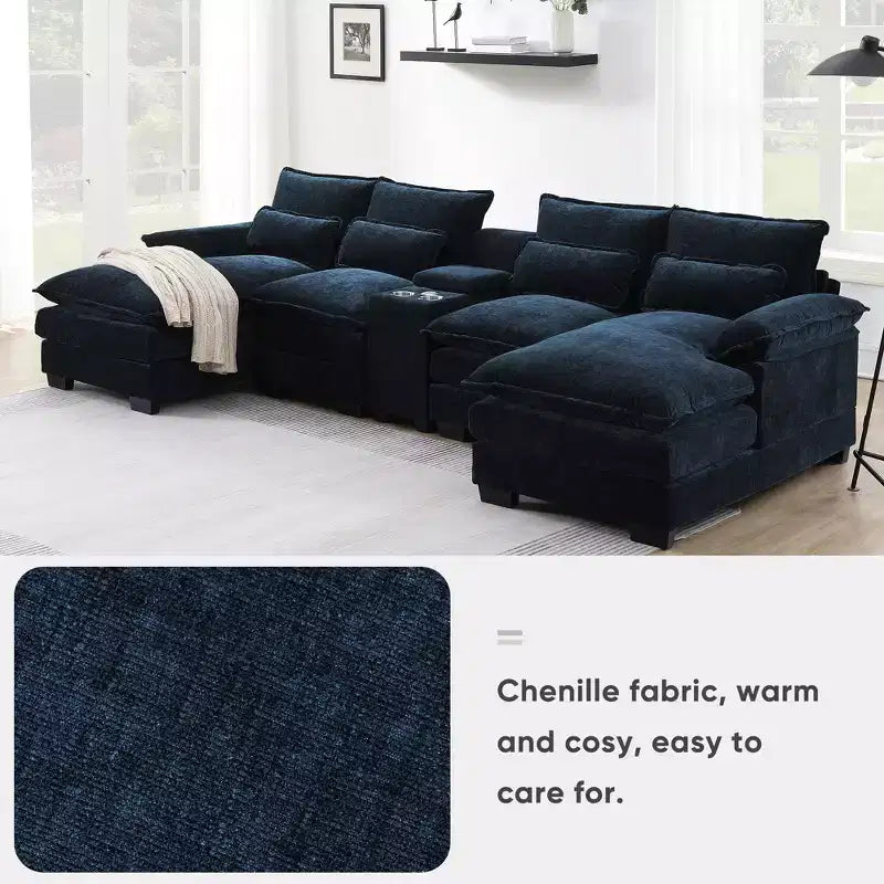 GDFStudio Parker - Canapé d'angle moderne en chenille en U avec console et double méridienne