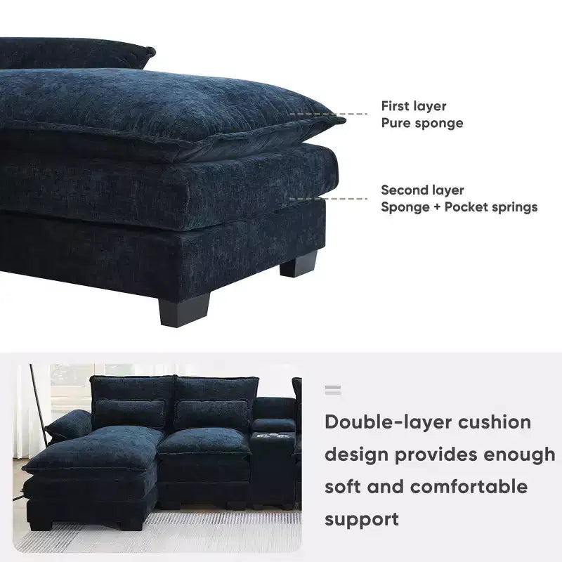 GDFStudio Parker - Canapé d'angle moderne en chenille en U avec console et double méridienne