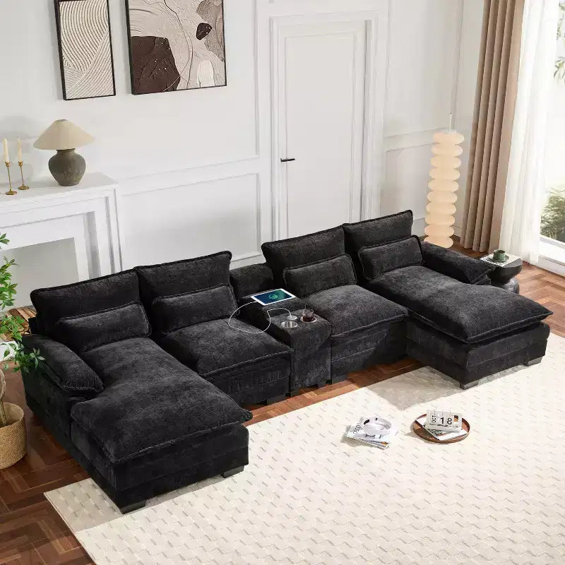 GDFStudio Parker - Canapé d'angle moderne en chenille en U avec console et double méridienne