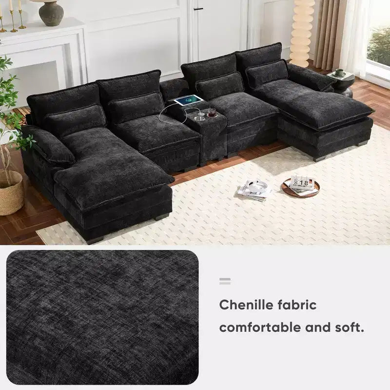 GDFStudio Parker - Canapé d'angle moderne en chenille en U avec console et double méridienne