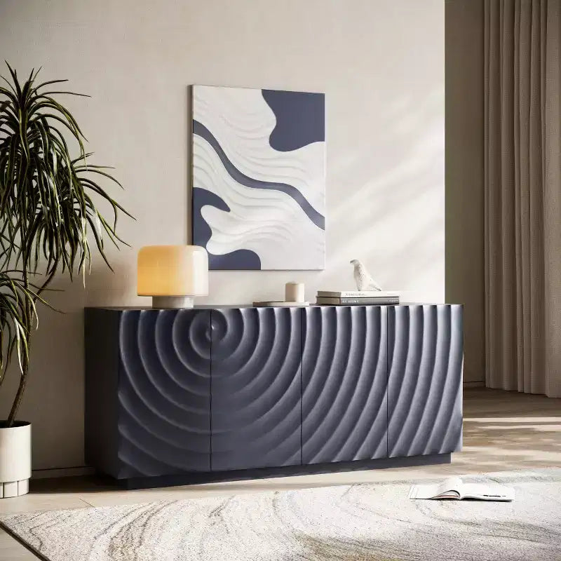 59 Buffet de buffet latéral en spirale moderne, meuble de rangement d'entrée d'art à profil bas avec portes texturées à ondulations 3D - Panipeachy