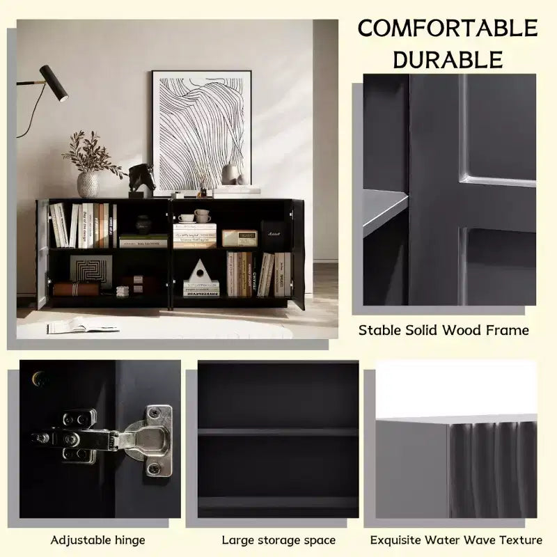59 Buffet de buffet latéral en spirale moderne, meuble de rangement d'entrée d'art à profil bas avec portes texturées à ondulations 3D - Panipeachy