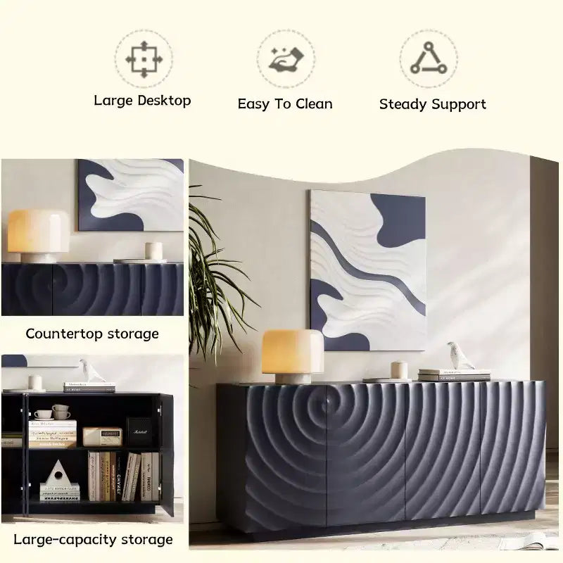 59 Buffet de buffet latéral en spirale moderne, meuble de rangement d'entrée d'art à profil bas avec portes texturées à ondulations 3D - Panipeachy