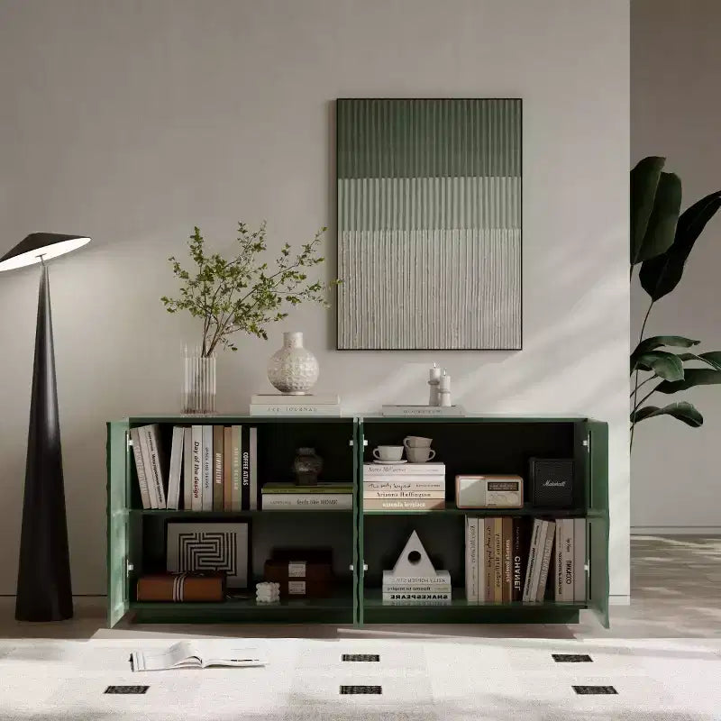 59 Buffet de buffet latéral en spirale moderne, meuble de rangement d'entrée d'art à profil bas avec portes texturées à ondulations 3D - Panipeachy