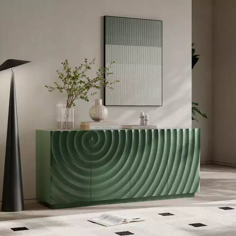 59 Buffet de buffet latéral en spirale moderne, meuble de rangement d'entrée d'art à profil bas avec portes texturées à ondulations 3D - Panipeachy