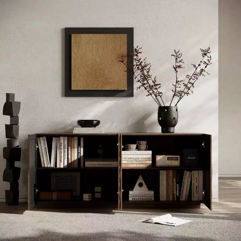 59 Buffet de buffet latéral en spirale moderne, meuble de rangement d'entrée d'art à profil bas avec portes texturées à ondulations 3D - Panipeachy