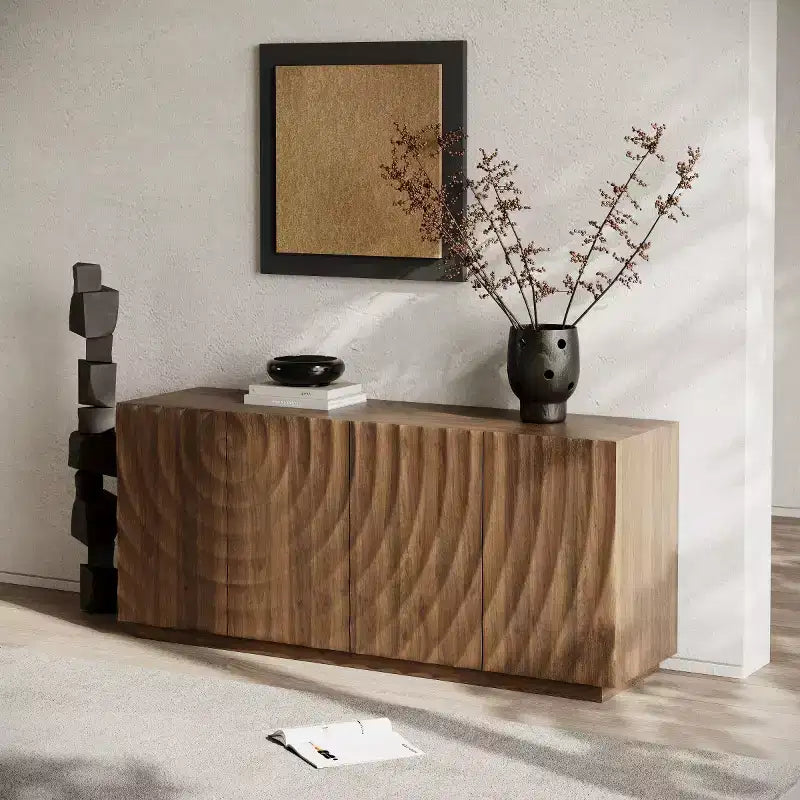 59 Buffet de buffet latéral en spirale moderne, meuble de rangement d'entrée d'art à profil bas avec portes texturées à ondulations 3D - Panipeachy