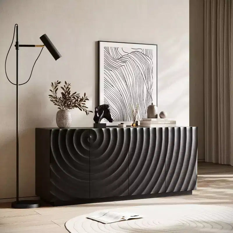 59 Buffet de buffet latéral en spirale moderne, meuble de rangement d'entrée d'art à profil bas avec portes texturées à ondulations 3D - Panipeachy