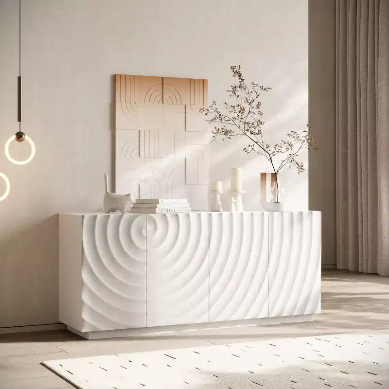59 Buffet de buffet latéral en spirale moderne, meuble de rangement d'entrée d'art à profil bas avec portes texturées à ondulations 3D - Panipeachy