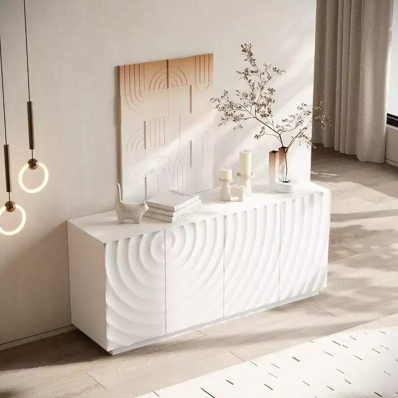 59 Buffet de buffet latéral en spirale moderne, meuble de rangement d'entrée d'art à profil bas avec portes texturées à ondulations 3D - Panipeachy